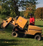 Grinding a stump with a small stump grinder