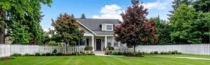 Residential house with well-maintained landscape featuring mature trees with varied foliage colors, white picket fence, and manicured lawn