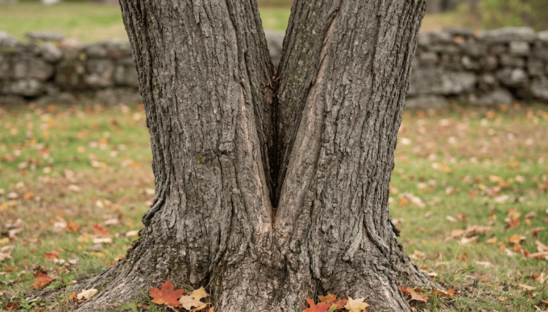 A tight V-shaped union is held together by pressure rather than solid wood, which is why an arborist checks it closely. Close-up of a maple trunk showing what an arborist looks for: two co-dominant stems in a tight V-shaped union with included bark