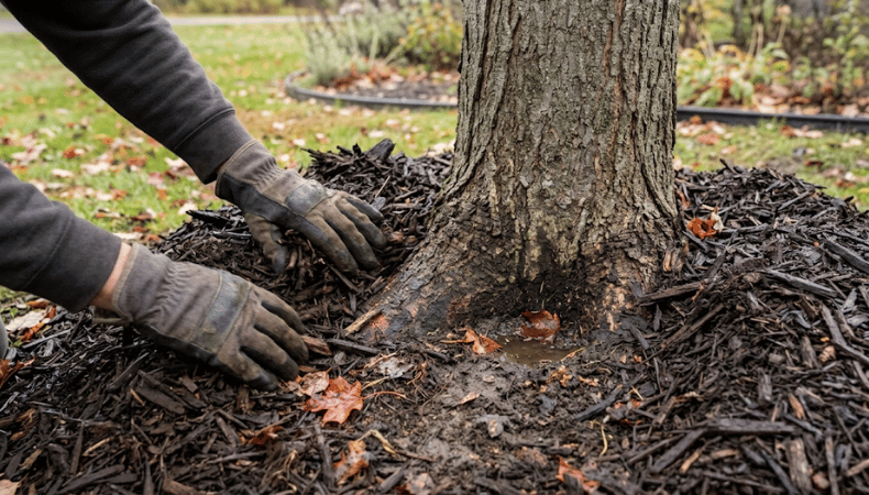 The root zone is the hardest area to see, which makes it the part of a walk-through homeowners most often miss. Gloved hands moving mulch aside at the base of a tree to check the root flare in a Vermont yard